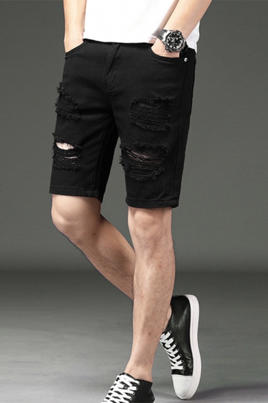 Men's New Fashion Destroyed Ripped Rolled Cuff Solid Color Washed Casual Denim Shorts