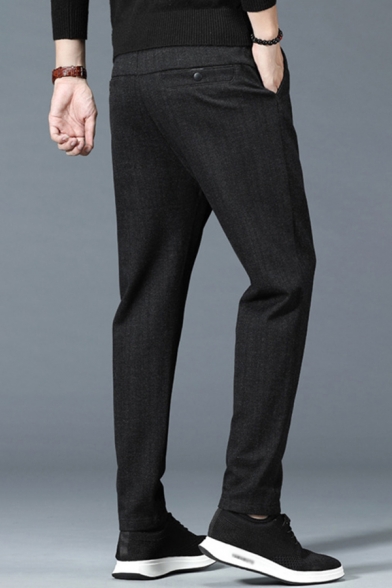 Mens Business Pants Creative Pockets Woolen Drawstring Waist Zipper Fly Full Length Regular Fit Tapered Tailored Pants