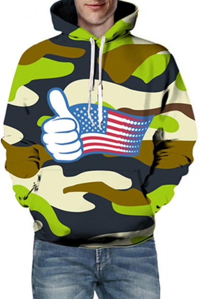 Mens Fashion Hoodie Camo Thumb Flag Cartoon 3D Printed Long Sleeve Drawstring Loose Fit Hoodie
