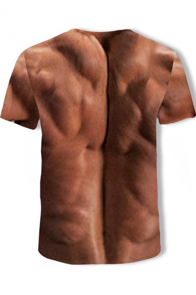 Mens Sexy Tee Top Muscle 3D Printed Short Sleeve Crew Neck Slim Fit T-shirt in Nude