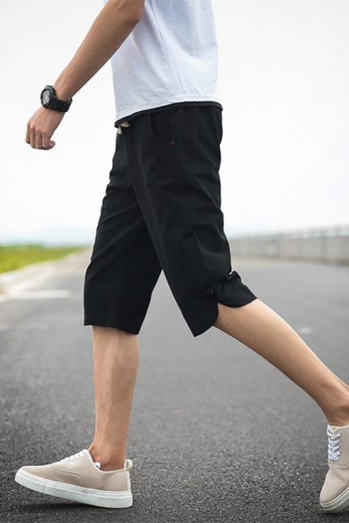 Mens Summer Comfortable Linen Casual Loose Rolled Hem Fitted Cropped Pants