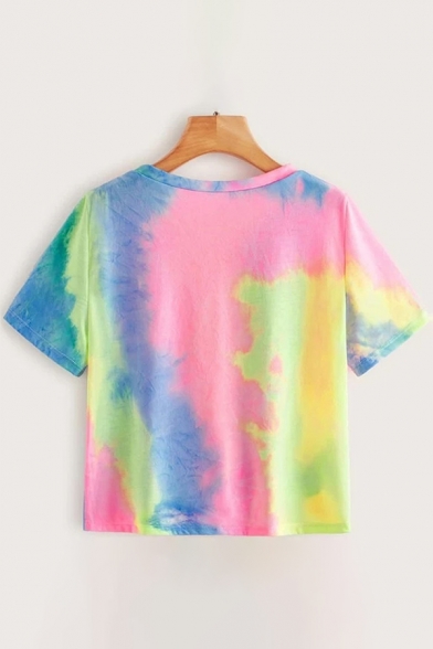 Popular Womens Tie Dye Printed Short Sleeve V-neck Cut out Loose Cropped Tee Top in Pink (Pictures for Reference)