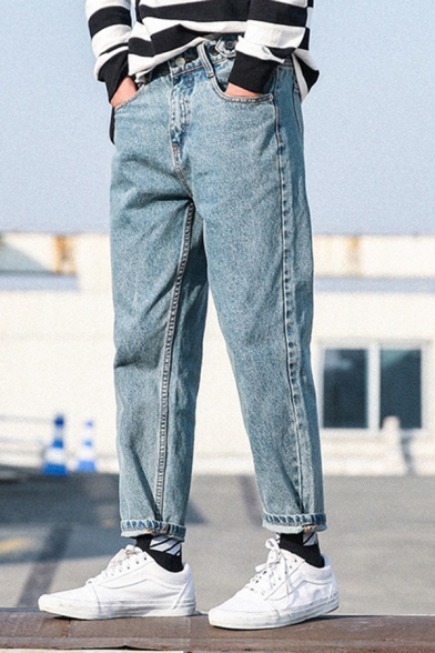 Retro Mens Jeans Light Wash Side Pocket Zip Fly Ankle Length Tapered Denim Jeans
