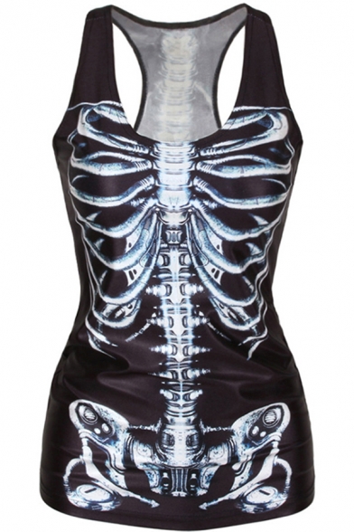 Retro Women's 3D Tank Top Skeleton Bone Printed Round Neck Sleeveless Regular Fitted Cami Top