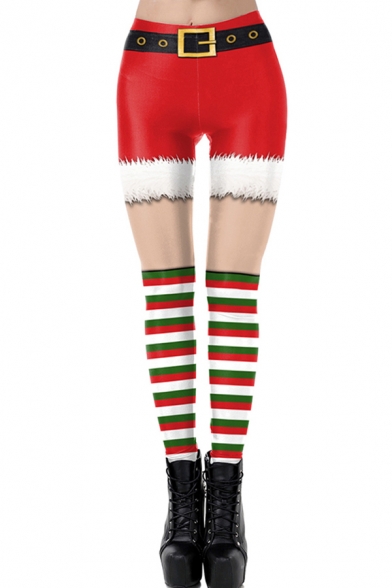 Retro Women's Leggings Christmas Shorts 3D Pattern High Rise Full Length Skinny Leggings