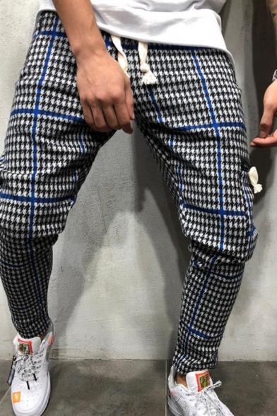 Stylish Men's Pants Houndstooth Pattern Zip Pocket Drawstring Elastic Waist Ankle Length Tapered Pants