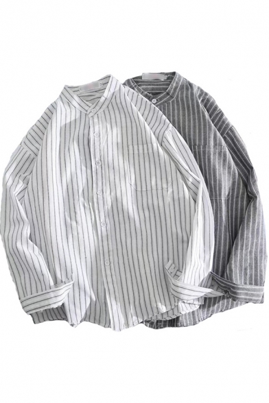 Stylish Mens Shirt Stripe Printed Long Sleeve Collarless Chest Pocket Relaxed Fit Shirt Top