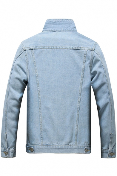 Trendy Men's Denim Jacket Solid Color Distressed Flap Chest Pockets Button Closure Long Sleeves Turn-down Collar Regular Fitted Denim Jacket