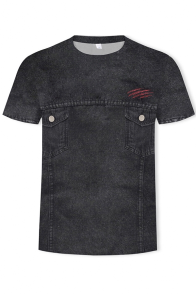Trendy Men's Tee Top 3D Pocket Digital Pattern Round Neck Short-sleeved Regular Fitted T-Shirt