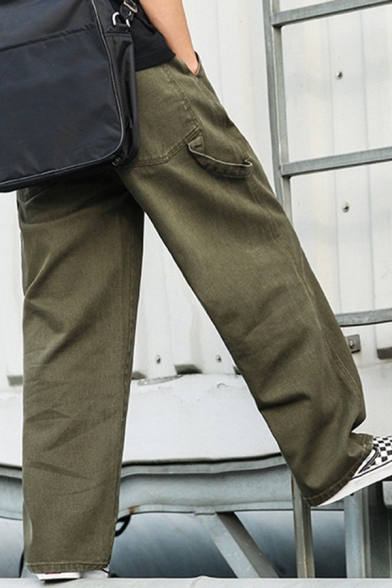 Trendy Mens Pants Solid Color Rope Detailed Zip Fly Long Wide Leg Pants