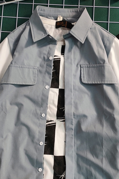 Trendy Shirt Contrasted Short Sleeve Point Collar Button Up Flap Pockets Loose Fit Shirt Top for Men