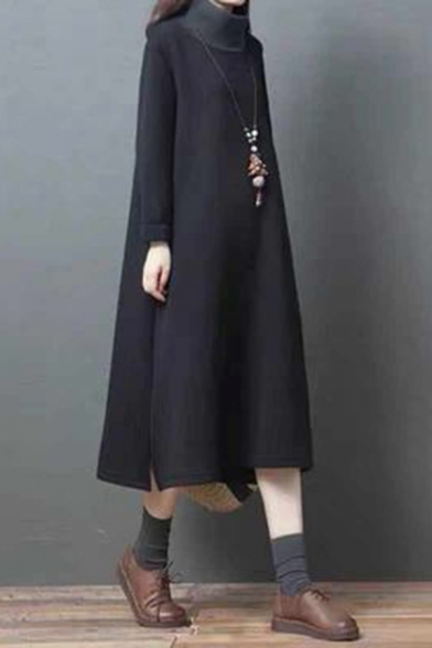 Trendy Women's Swing Dress Solid Color Contrast Panel High Neck Long-sleeved Side Split Relaxed Fit Midi Swing Dress