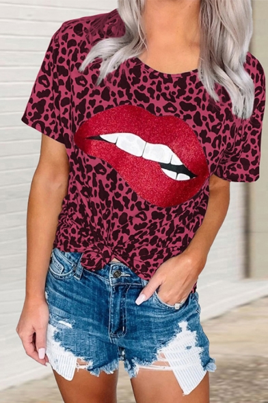 Trendy Women's Tee Top Lips All over Leopard Print Crew Neck Short Sleeves Regular Fitted T-Shirt