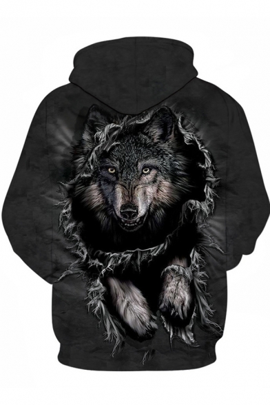 Unique Men's Hoodie Wolf 3D Print Pocket Design Long-sleeved Regular Fitted Drawstring Hooded Sweatshirt