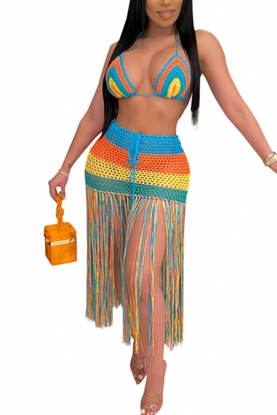 Vacation Womens Set Hollow Out Knit Colorful Stripe Halter Bustier & Tassel Trim Mid Shift Skirt Set in Blue