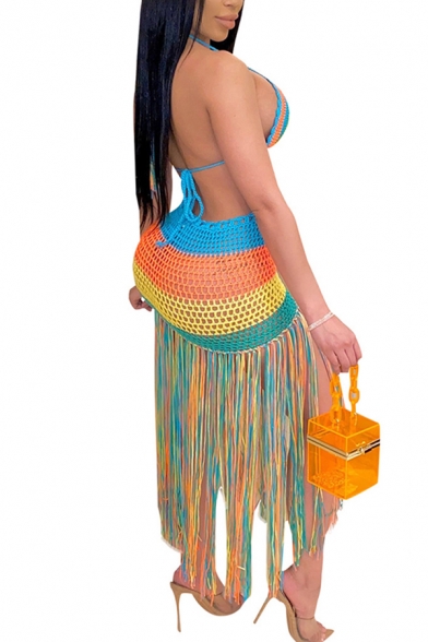 Vacation Womens Set Hollow Out Knit Colorful Stripe Halter Bustier & Tassel Trim Mid Shift Skirt Set in Blue