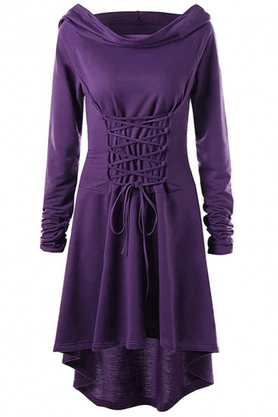 Vintage Womens Dress Solid Color Long Sleeve Hooded Lace Up Front Short A-line Dress