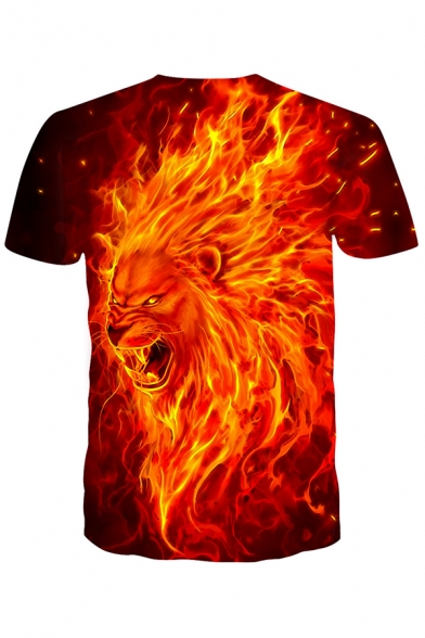 Yellow and Red Fire Lion 3D Pattern Round Neck Short Sleeve T-Shirt