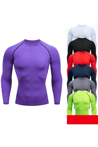 Basic Mens Fitness T-Shirt Flatlock Stitching Crew Neck Long Sleeve Skinny Fitted Quick Dry T-Shirt
