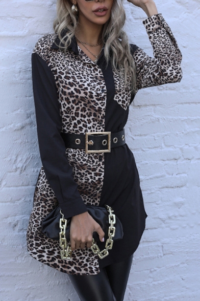Elegant Leopard Pattern Long Sleeve Spread Collar Button-up Belted Curved Hem Long Shirt in Black