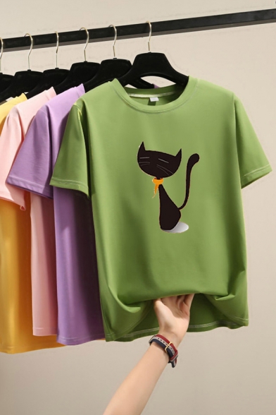 Elegant Women's Tee Top Cartoon Cat Pattern Short-sleeved Regular Fitted T-Shirt T-Shirt