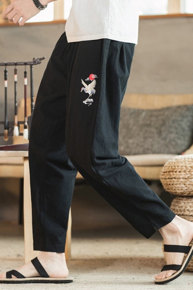 Fancy Men's Pants Crane Embroidered Stripe Pattern Side Pocket Elastic Waist Ankle Length Pants