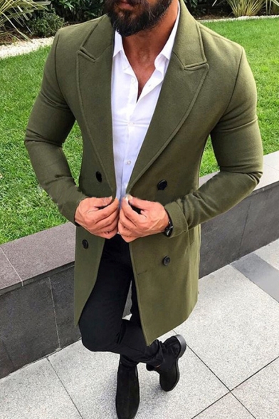 Fancy Men's Woolen Coat Solid Color Notched Lapel Collar Double Breasted Side Pocket Long-sleeved Regular Fitted Coat