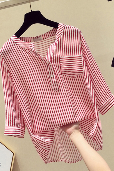 Fancy Women's Shirt Blouse Stripe Pattern Button Front Chest Pocket 3/4 Sleeves Regular Fitted Shirt Blouse