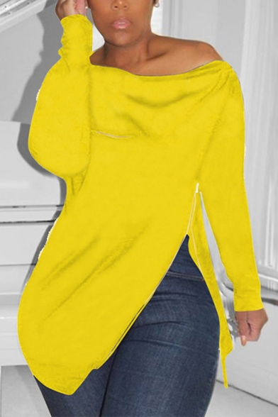 Fashion Sweatshirt Solid Color Long Sleeve Oblique Shoulder Zipper Detail Relaxed Sweatshirt for Women