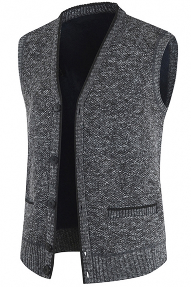 Fashionable Mens Sweater Vest Heathered Button-down Sleeveless Ribbed Trim Regular Fitted Knitted Vest