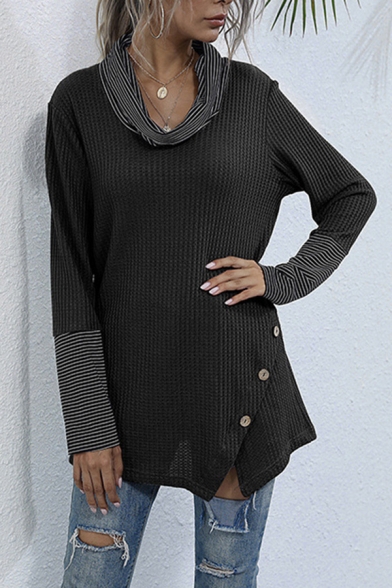 Girls Simple Striped Print Panel Long Sleeve Cowl Neck Button Detail Long Relaxed Tee