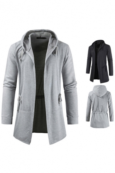 Leisure Men's Coat Solid Color Drawstring Waist Long Sleeves Open Front Regular Fitted Hooded Coat