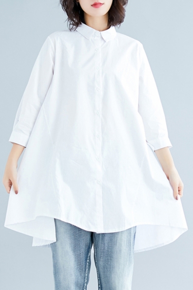 Leisure Women's Shirt Blouse Solid Color Button Fly Turn-down Collar Half Sleeves Asymmetrical Hem Relaxed Fit Shirt Blouse
