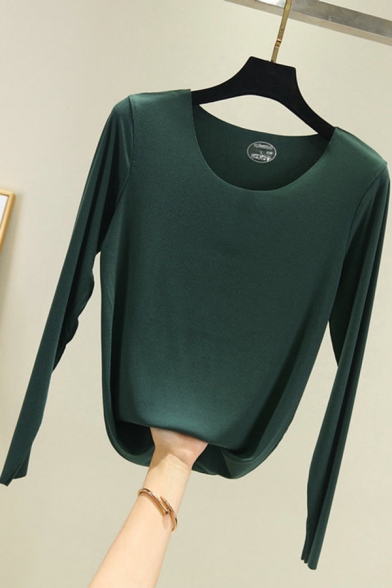 Leisure Women's Tee Top Solid Color Round Neck Long-sleeved Raw Hem Regular Fitted Bottoming T-Shirt