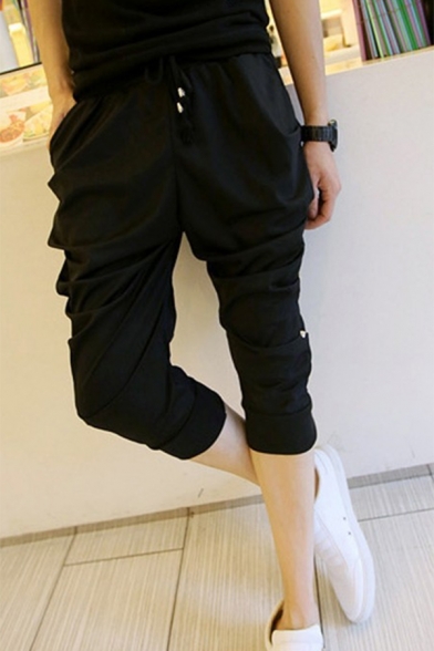 Men's Trendy Simple Plain Rivet Embellished Black Casual Cropped Pleated Harem Pants