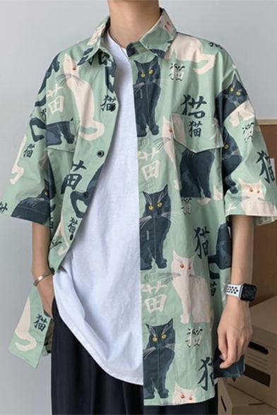 New Fashionable Cat Chinese Letter Print Short Sleeve Single Breasted Loose Fit Casual Shirt
