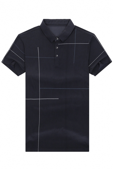 Novelty Mens Business Polo Shirt Crossing Line Pattern Turn-down Collar Button Detail Short Sleeve Slim Fit Polo Shirt