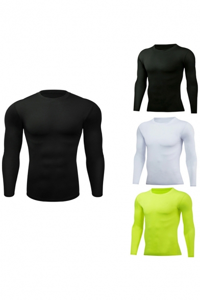 Novelty Mens Fitness T-Shirt Solid Color Bottoming Long Sleeve Round Neck Skinny Fitted Quick Dry Tee Top