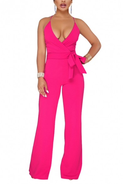 Retro Women's Jumpsuit Solid Color Wrap Tie Front Spaghetti Strap Sleeveless Long Regular Fitted Jumpsuit