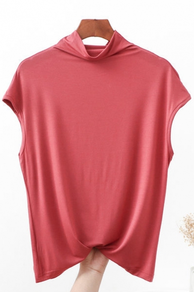 Stylish Womens T-Shirt Plain Mock Neck Sleeveless Regular Fitted Bottoming Tee Top