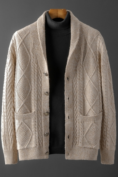 Trendy Men's Cardigan Cable Knit Front Pocket Heathered Ribbed Trim Long Sleeves Button Fly Regular Fitted Cardigan