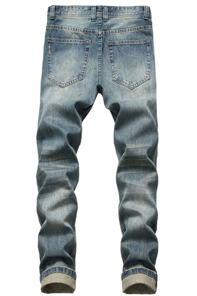 Trendy Men's Jeans Distressed Button Fly Mid Waist Regular Fitted Jeans with Washing Effect