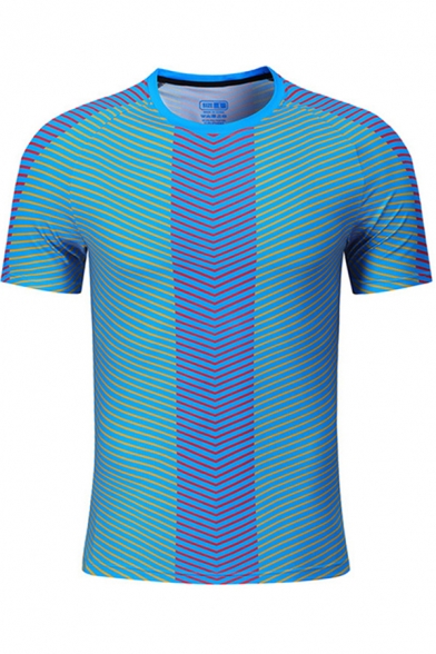 Trendy Men's T-Shirt Contrast Stripe Pattern Round Neck Short Sleeves Slim Fitted Tee Top