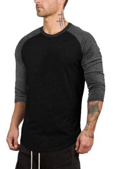 Trendy Men's Tee Top Contrast Panel Heathered Round Neck Raglan Long-sleeved Regular Fitted T-Shirt