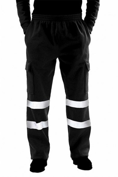 Trendy Men's Work Pants Reflect Light Contrast Stripe Flap Pockets Drawstring Waist Relaxed Fit Straight Pants