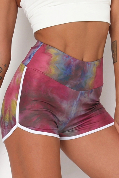 Trendy Women's Shorts Painted Pattern Contrast Trim High Elastic Waist Split Hem Fitted Yoga Shorts
