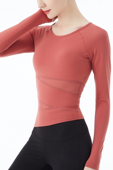 Trendy Women's Tee Top Patchwork Mesh Gauze Round Neck Asymmetrical Hem Raglan Long-sleeved Fitted Training T-Shirt