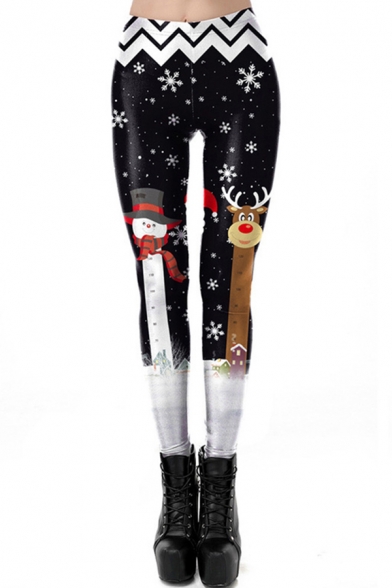 Trendy Womens Leggings Reindeer Pattern Snowflake High Rise Full Length Skinny Leggings
