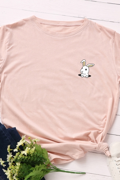 Unique Women's T-Shirt Rabbit Embroidered Round Neck Rolled up Short Sleeves Relaxed Fit Tee Top