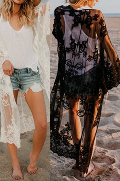 Womens Jacket Fashionable Crochet Lace Regular Fitted Open Front Long Sleeve Longer Length Beach Cover up Jacket